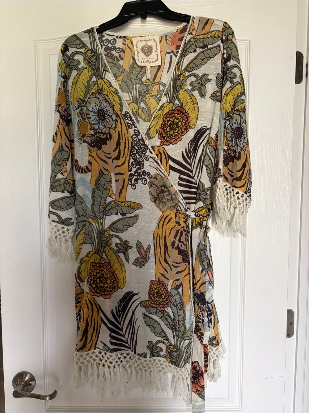Fringe-Trim Wrap Dress in Yellow Multi Floral & Tiger Print